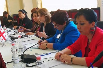 Representatives of the central and local governments, NGOs, internally displaced and conflict-affected women discussing the women, peace and security agenda implementation at the local level