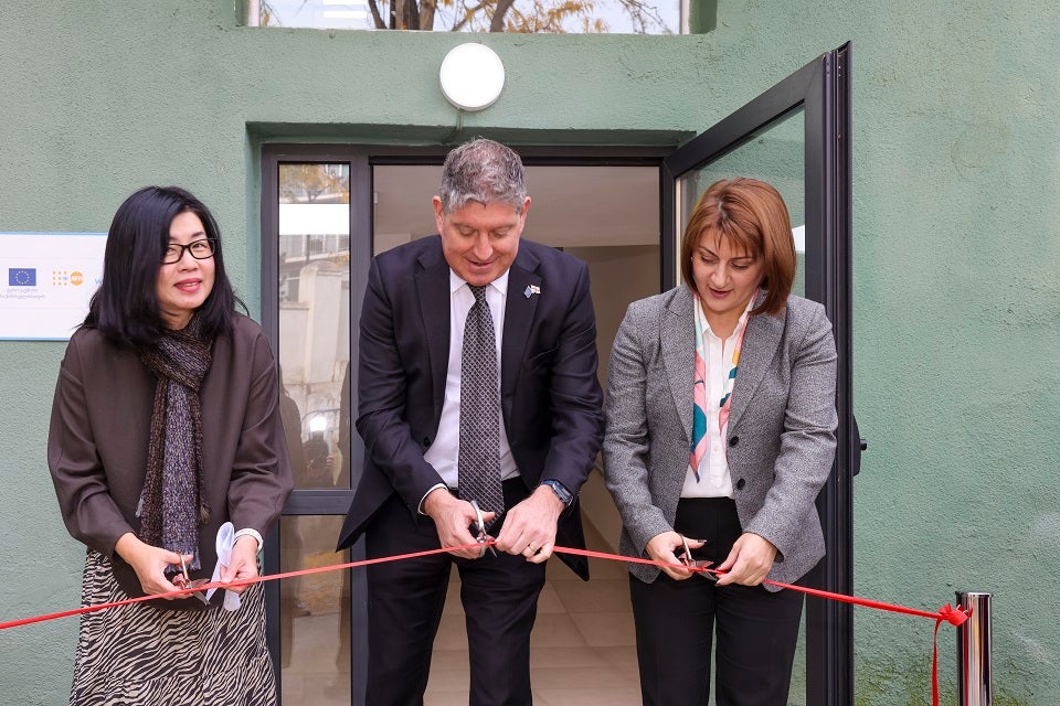 A ribbon cutting ceremony of the new space in the shelter for victims of violence in Tbilisi. Photo: UN Women/Leli Blagonravova