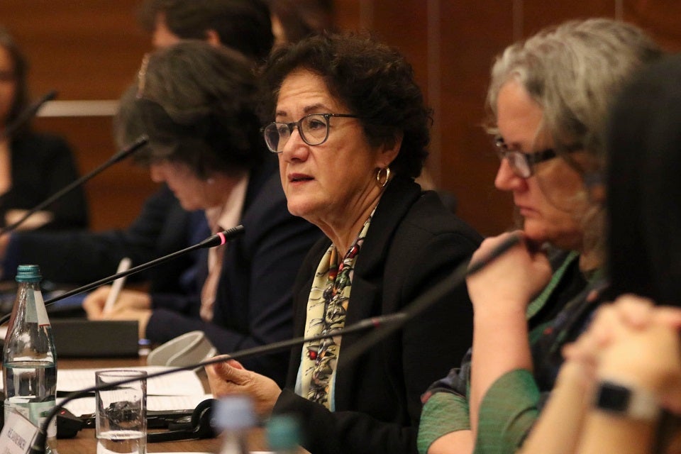 Ayşe Cihan Sultanoğlu, United Nations Representative to the Geneva International Discussions addresses the meeting participants. Photo: UN Women/Leli Blagonravova