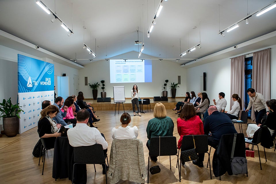 The UN Women Georgia team meets with the executive and middle management of TBC Bank, in 2022. Photo: TBC Bank/Rezi Kenia