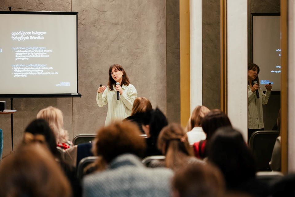 Private sector representatives learn about the role businesses can play in reducing the inequality of unpaid care work. Photo: UN Women/Tako Robakidze