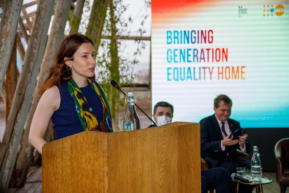 Tamar Sabedashvili, Acting UN Women Country Representative in Georgia delivering speech at the event. Photo: UN Women/Leli blagonravova