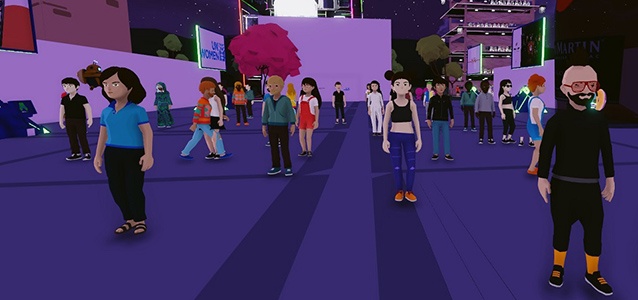 A virtual audience gathers in an innovative setting in metaverse to share the experiences of women entrepreneurs